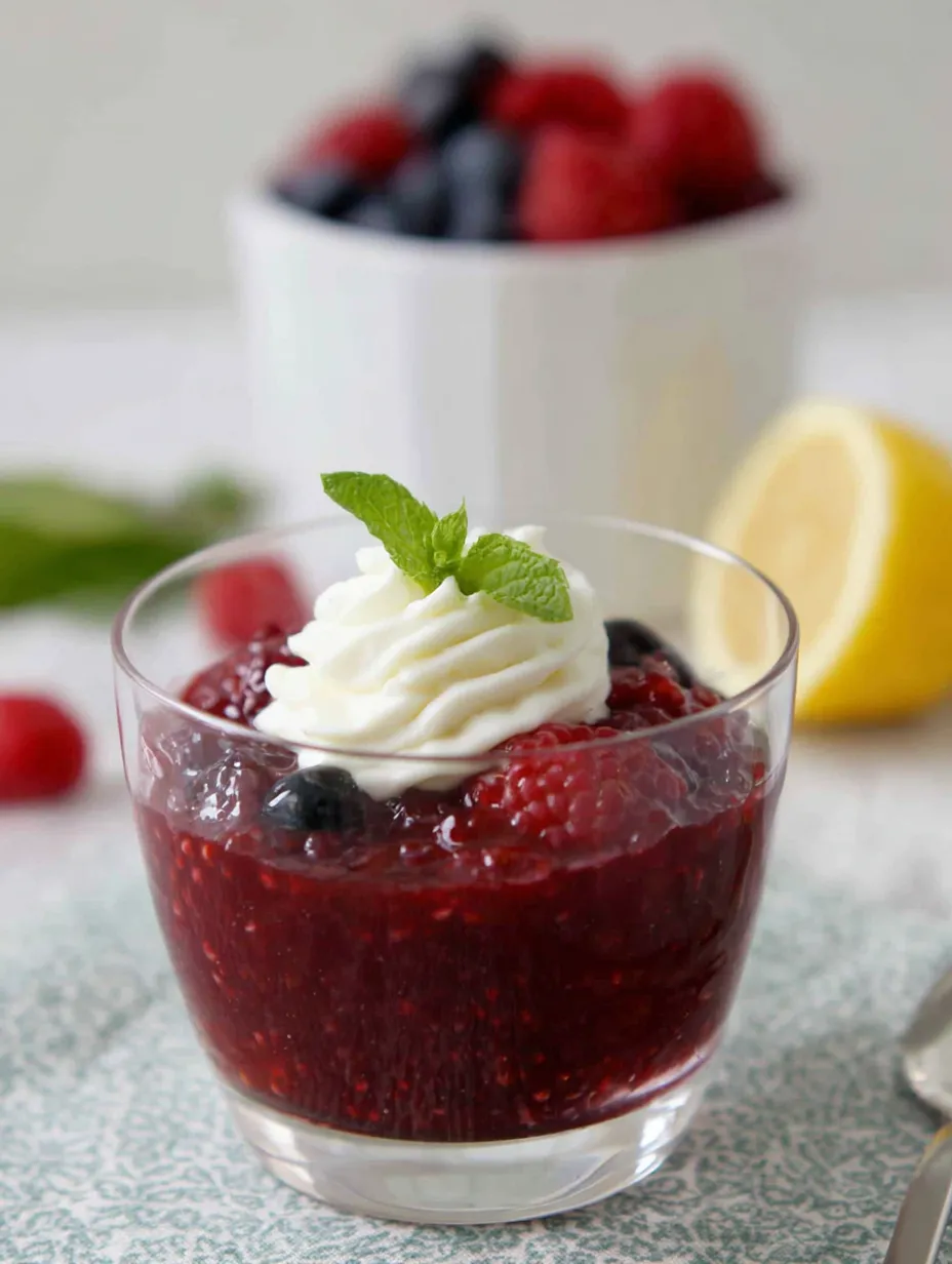 Ein Glas mit Raspberry-Jelly und Whipped Cream.