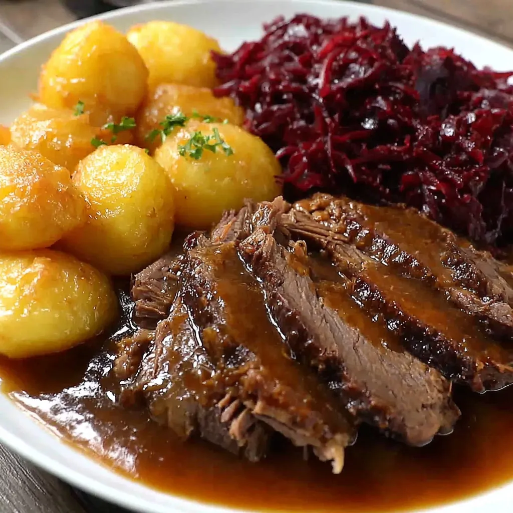 Ein weißer Teller mit Beefsteak, Kartoffeln, Sauerkraut und Koriander.