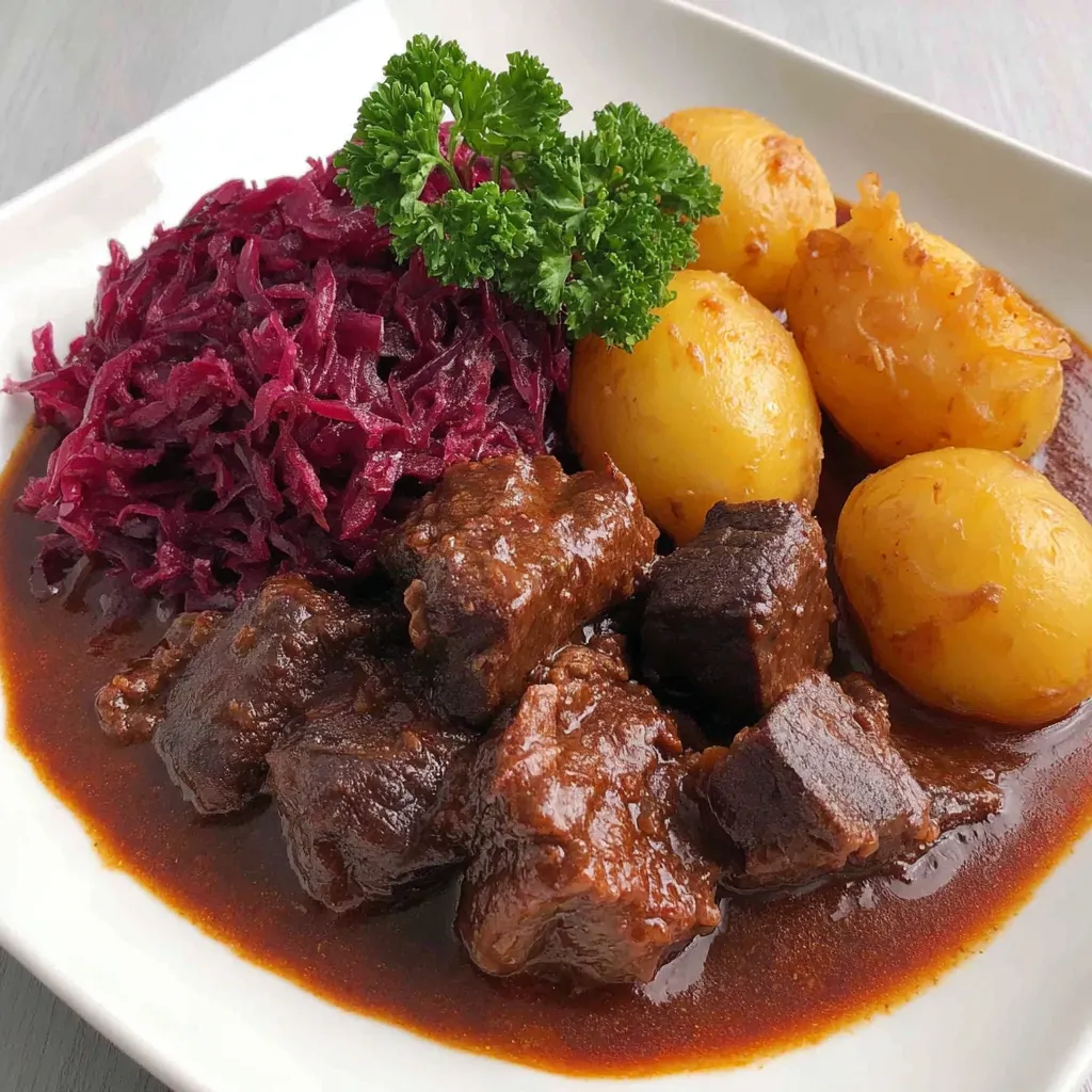 Ein weißer Teller mit einer Mischung aus Fleisch, Sauce und Gemüse.