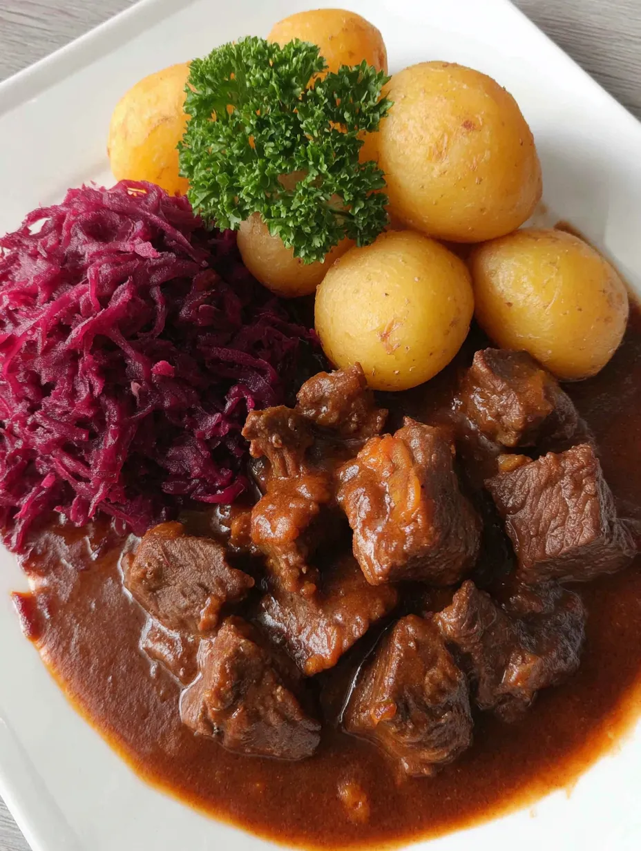 Ein Plate mit gegrilltem Fleisch, Kartoffeln, Sauerkraut und Zwiebeln.