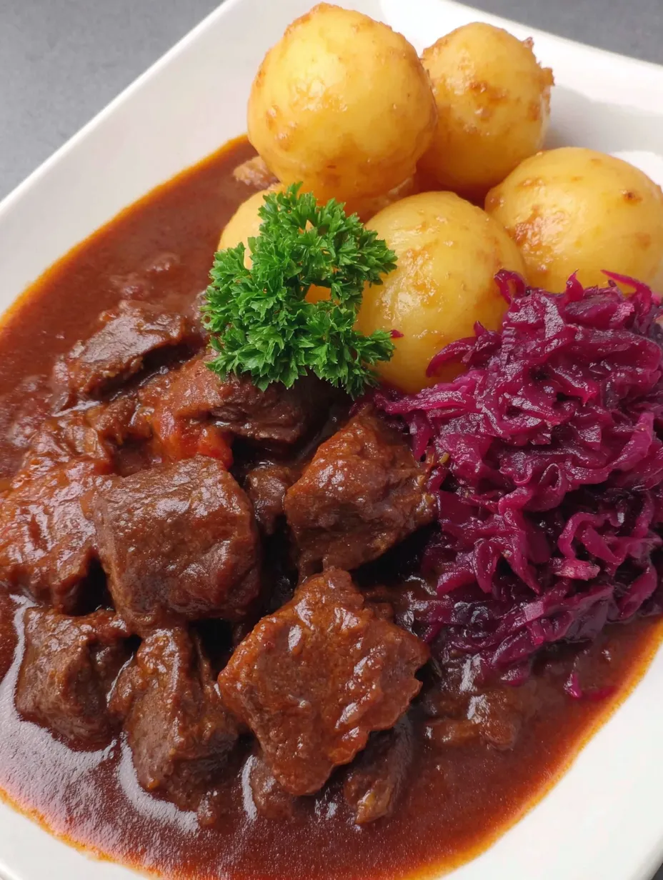 Ein weißer Teller mit einer Mischung aus Fleisch, Kartoffeln und Sauce.