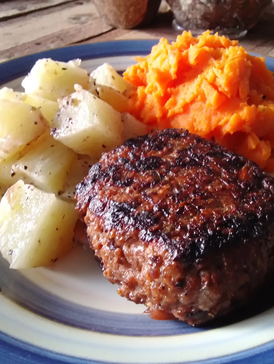 Eine Platte mit Fleisch, Kartoffeln und Paprika.