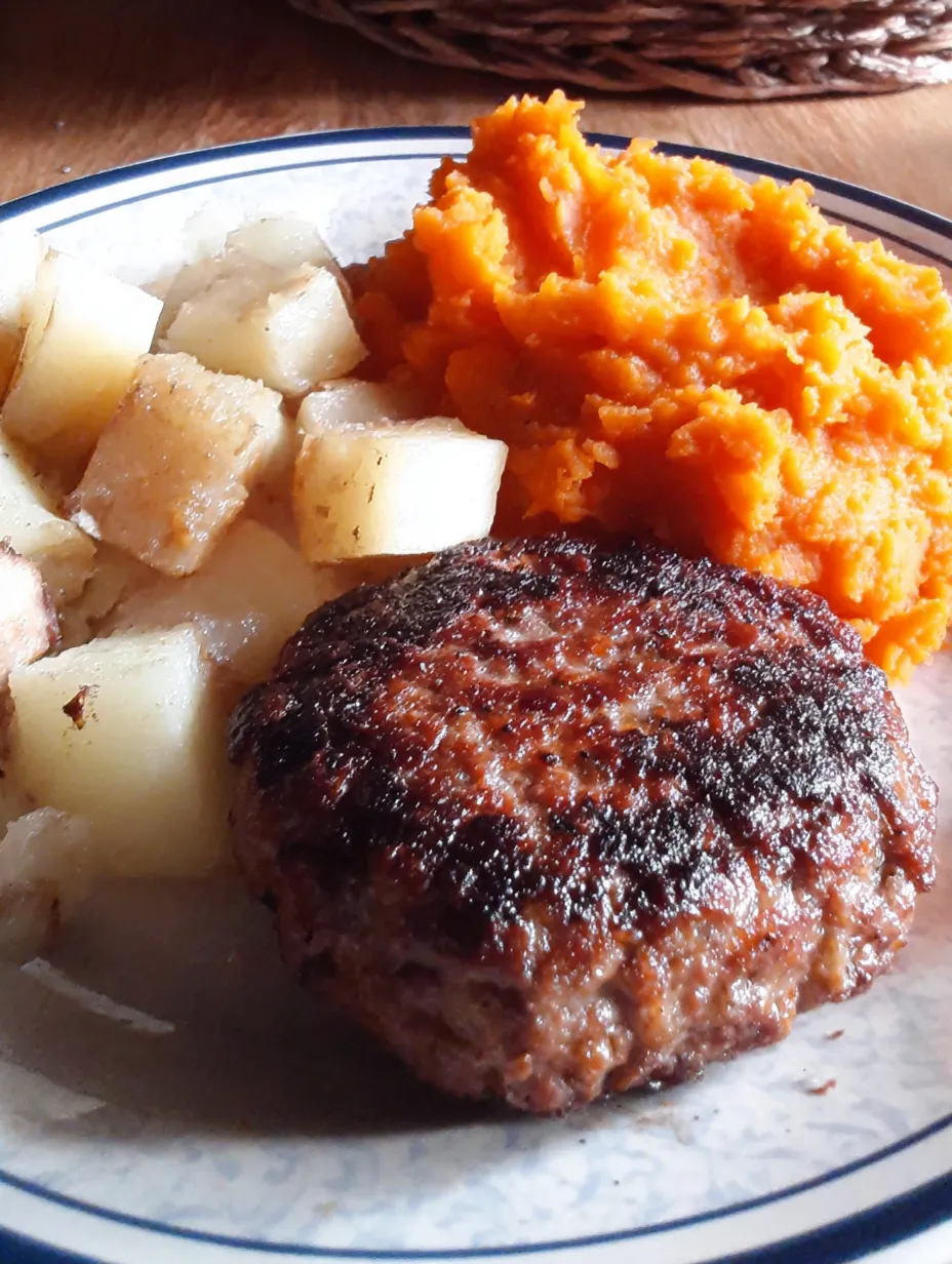 Ein gegrilltes Steakchen mit schwarzen Flecken auf einem weißen Teller.