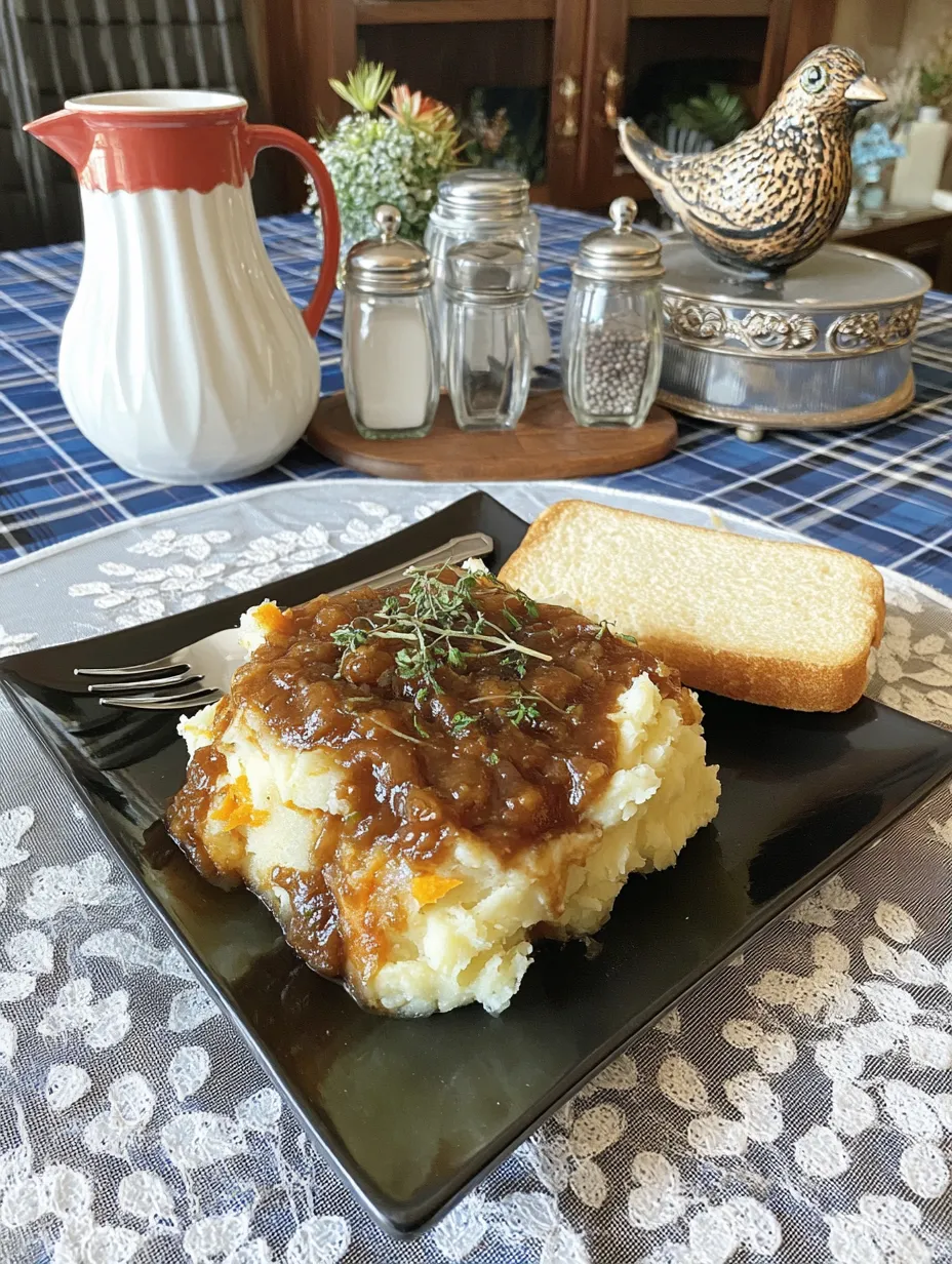 Ein Plate mit einer Möse, die mit Zwiebeln und Sauce garniert ist.