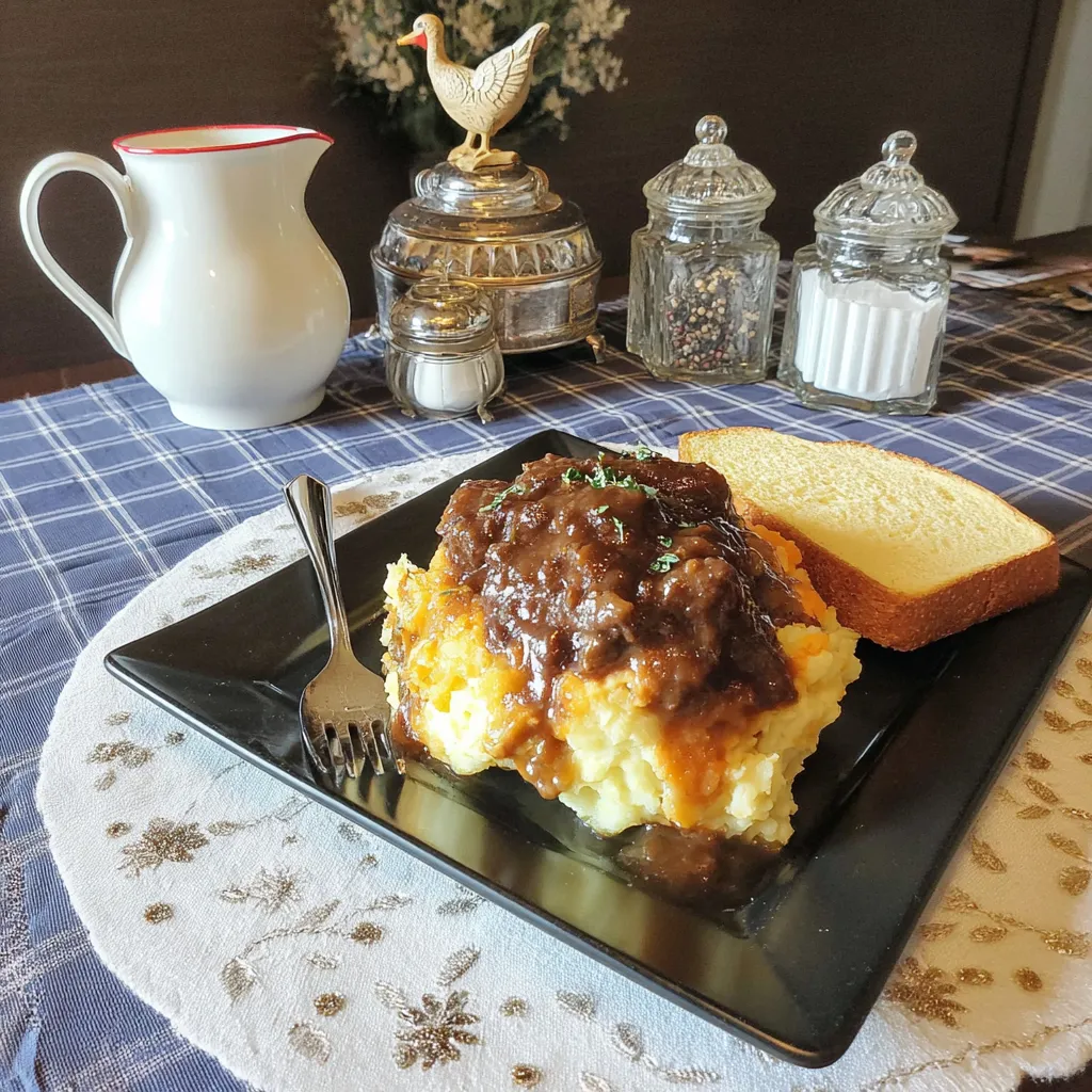 Ein Plate mit einer Mischung aus Kartoffeln, Eiern und Fleisch auf einem Tisch.