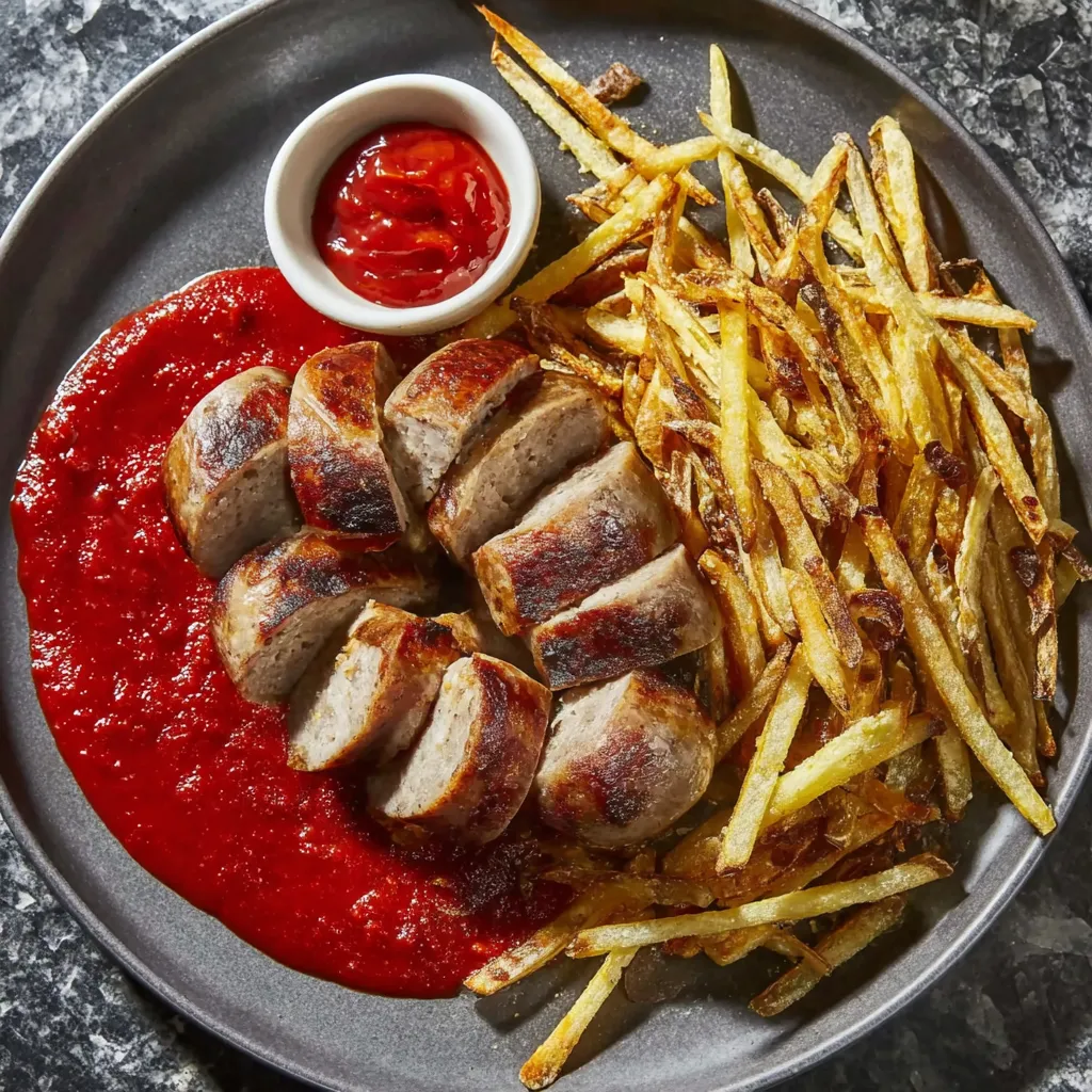 Ein Plate mit saurem Ketchup und frisch zubereiteten Fritten.