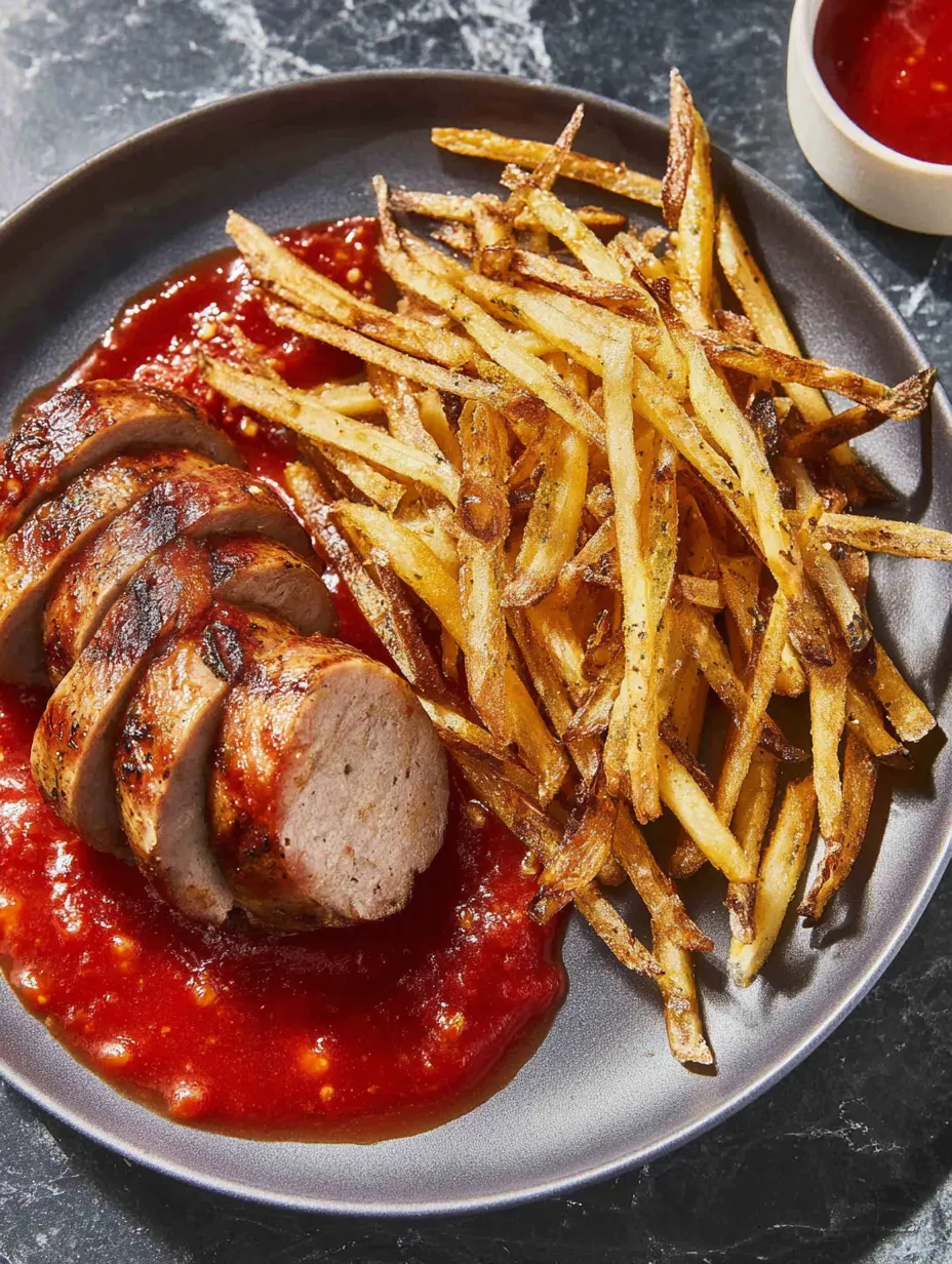 Ein Plate mit saurem Ketchup und frisch zubereiteten Fritten.