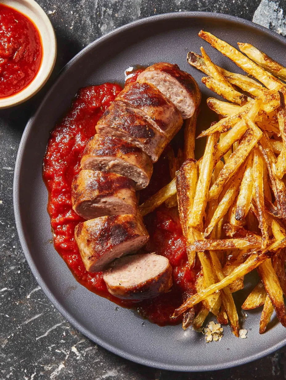 Ein Plate mit saurem Ketchup und Fritten.