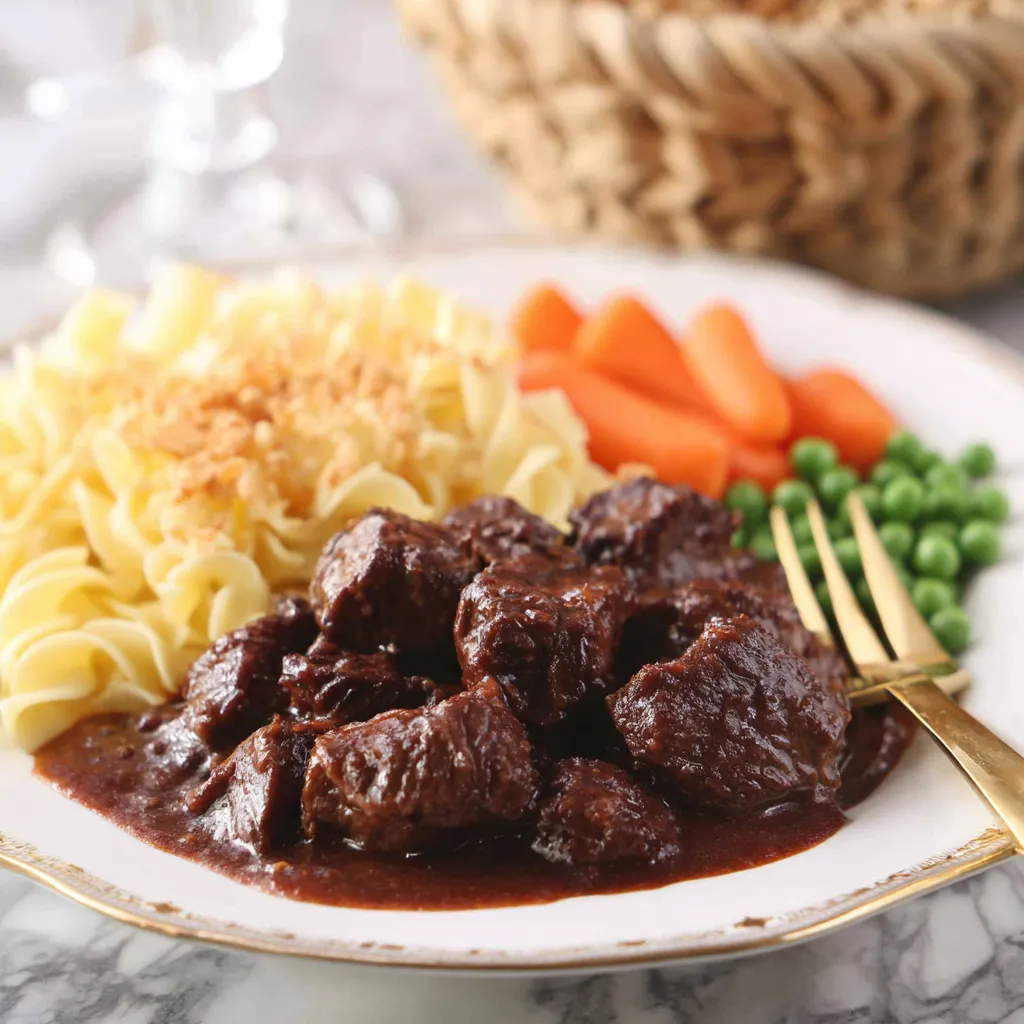 Ein Plate mit einer Mischung aus Pasta, Kartoffeln, Karotten und Rindfleisch.