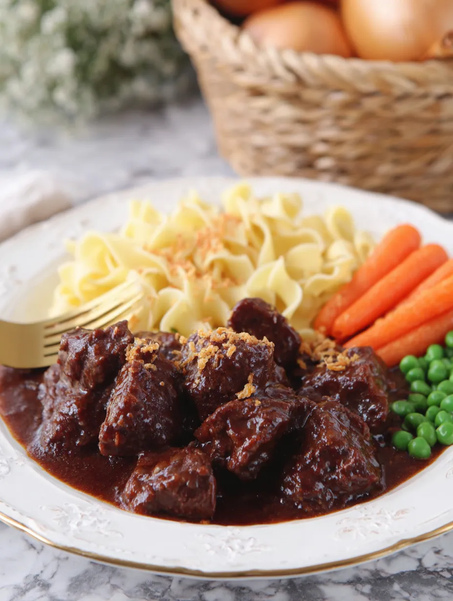 Ein weißer Teller mit einer Mischung aus Nudeln, Karotten, Peas und Rindfleisch.