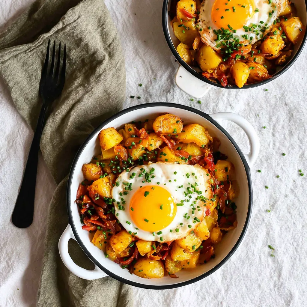 Ein Schüssel mit gegrillten Paprika und Kartoffeln, darin ein Ei, das mit Kräutern garniert ist.