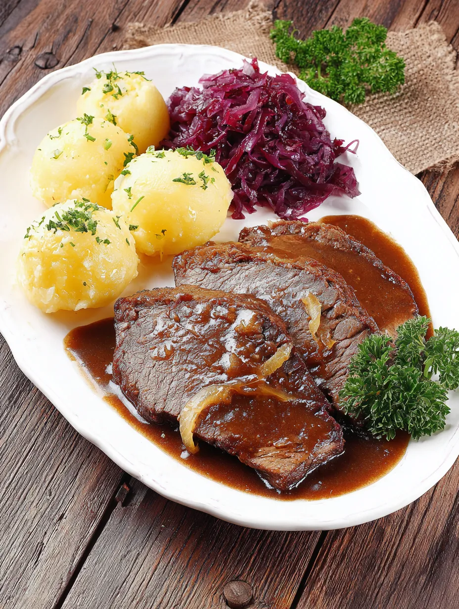 Ein Plate mit Steak, Kartoffeln und Sauce.