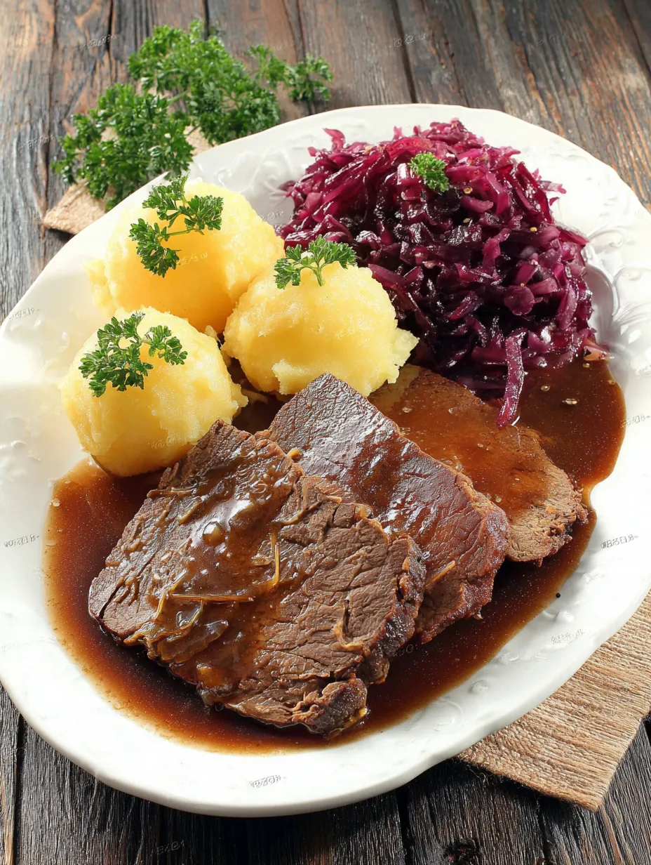 Ein Plate mit rohem Fleisch, Kartoffeln und Sauerkraut.