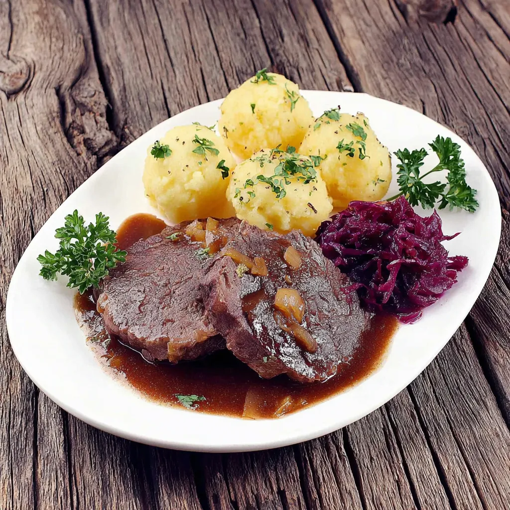 Ein weißer Teller mit Fleisch, Kartoffeln und Sauce auf einem Tisch.