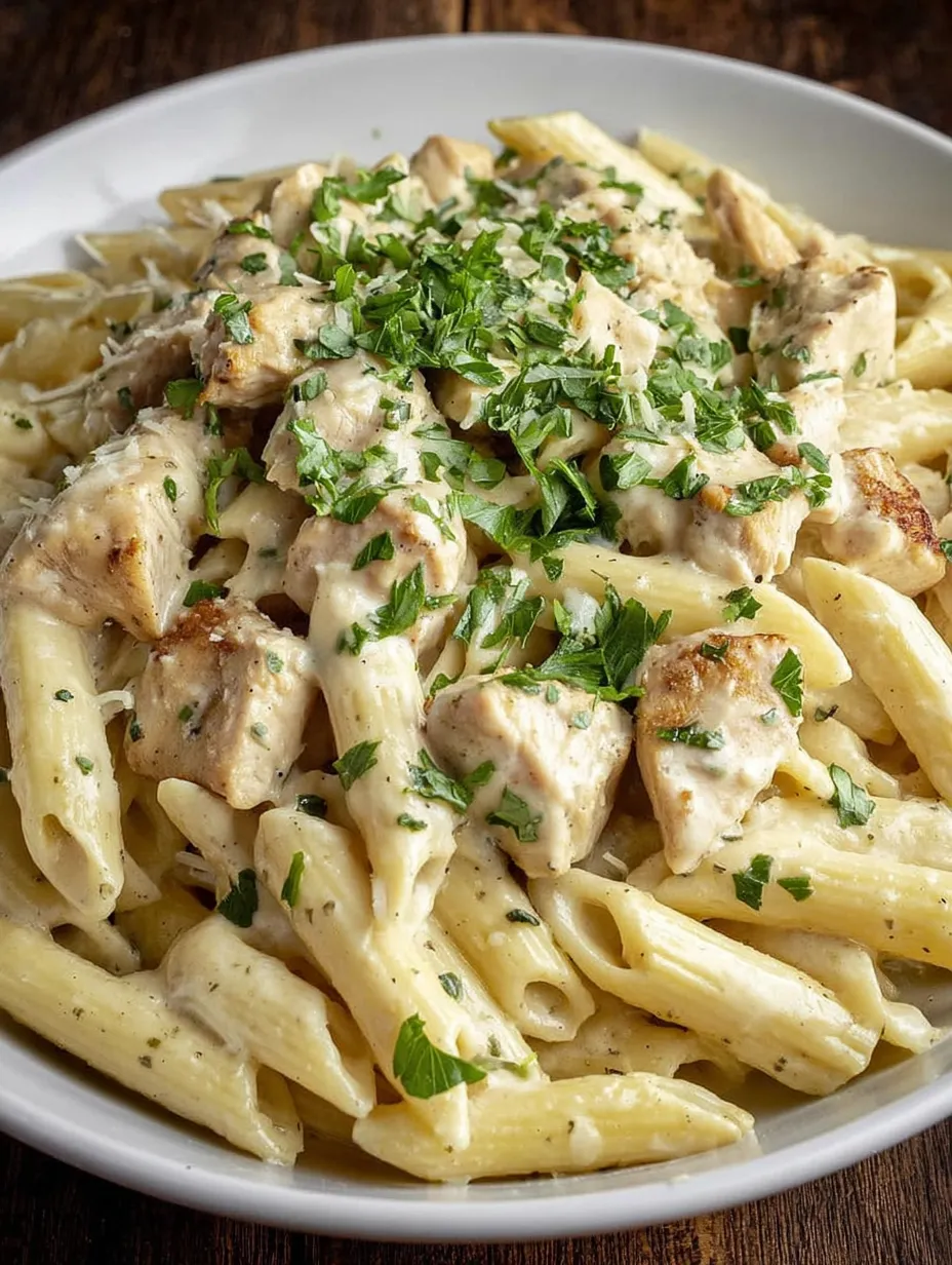 Ein Bild von Pasta mit Zwiebeln und Chicken.