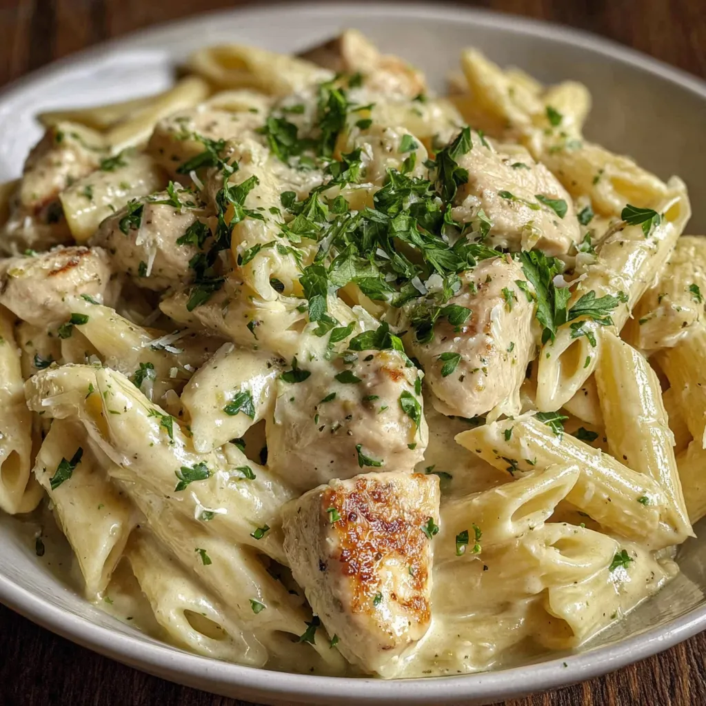 Ein weißer Teller mit Pasta, Chicken und Zwiebeln.