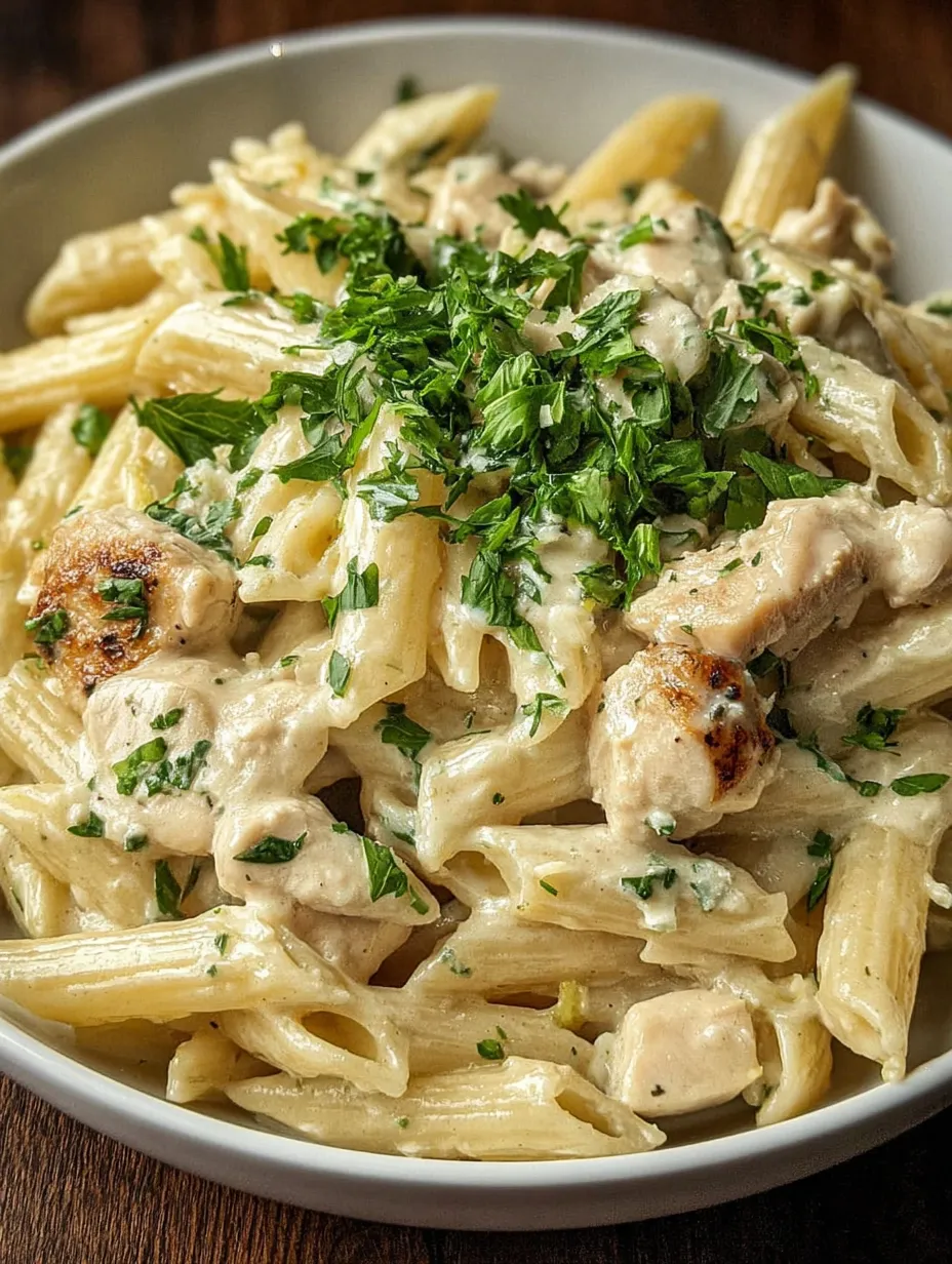 Ein weißer Teller mit Pasta, Chicken und Zwiebeln.