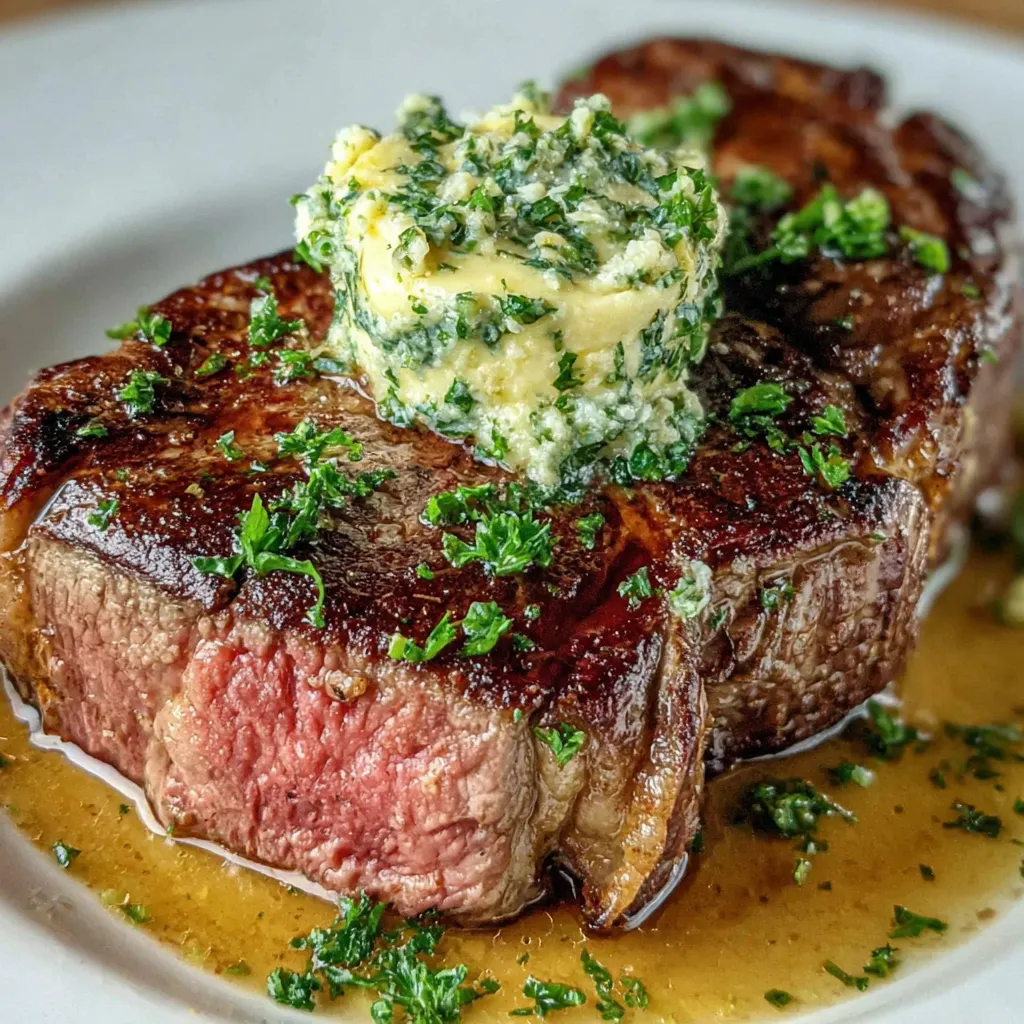 Eine Porterhouse Steak mit einer Knoblauchkugel auf dem Deck.