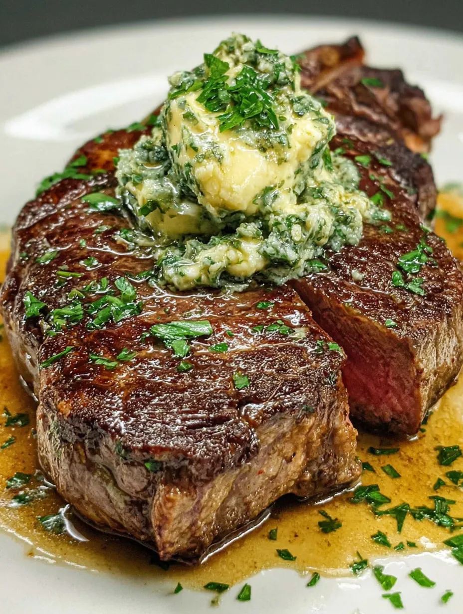 Eine Porterhouse Steak mit einer Masse aus Mayonnaise und Basilikum auf einem Teller.