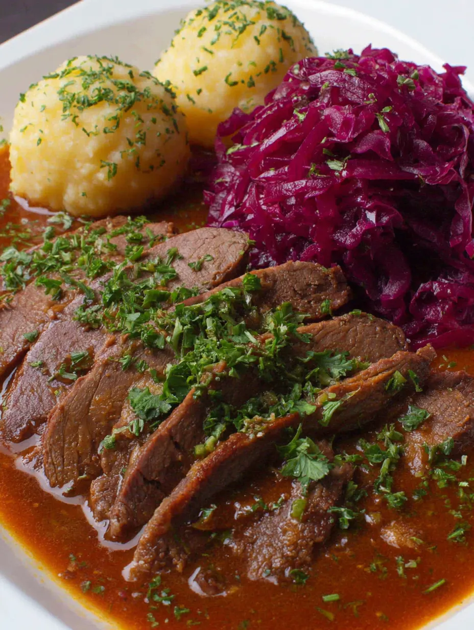 Eine Tasse mit Fleisch, Kartoffeln, Sauerkraut und Parsley.