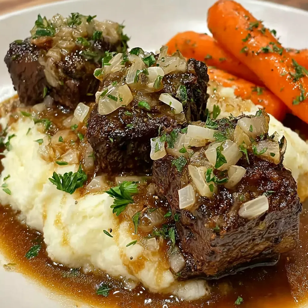 Eine Platte mit Steak, Kartoffeln und Zwiebeln.