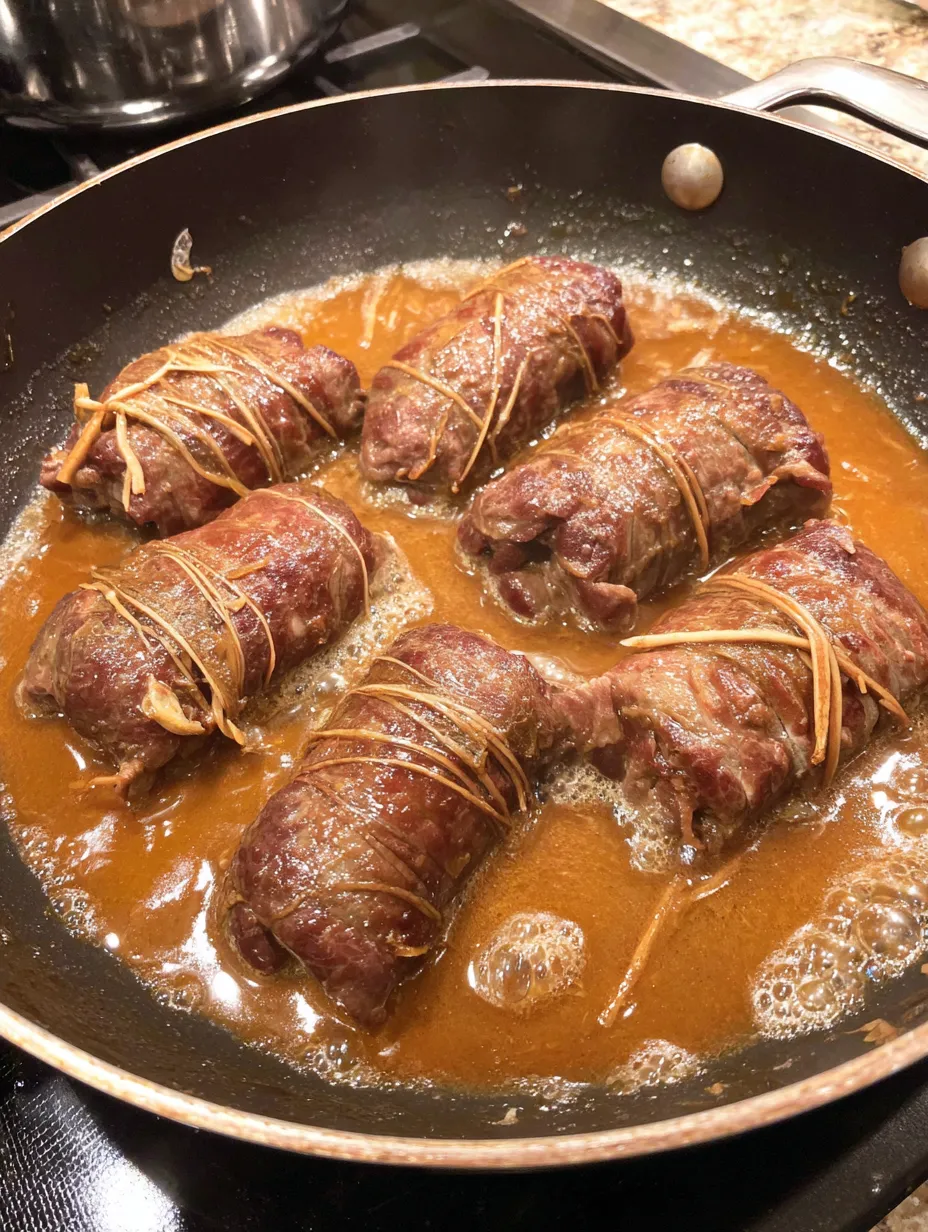 Ein Topf mit Fleisch in Sauce, darunter eine Rolle Fleisch, die in eine Rolle Fleisch eingewickelt ist.
