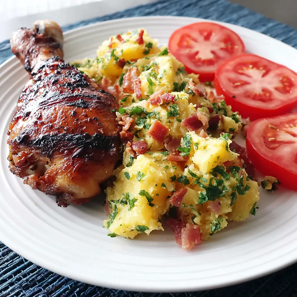 Ein weißer Teller mit gegrilltem Steak, Kartoffeln, Tomaten und Bacon.