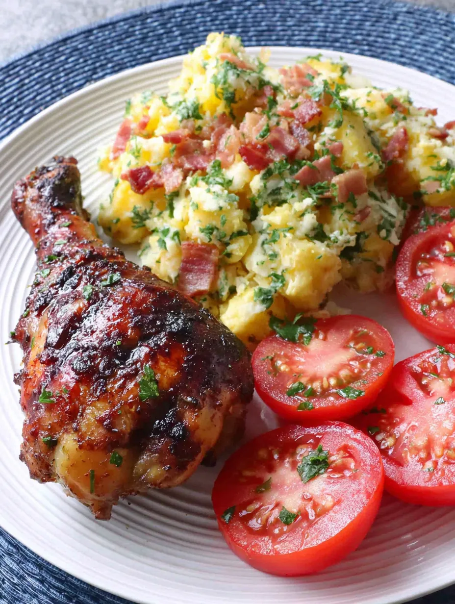 Ein Plate mit gegrilltem Chicken, Eiern und Tomaten.