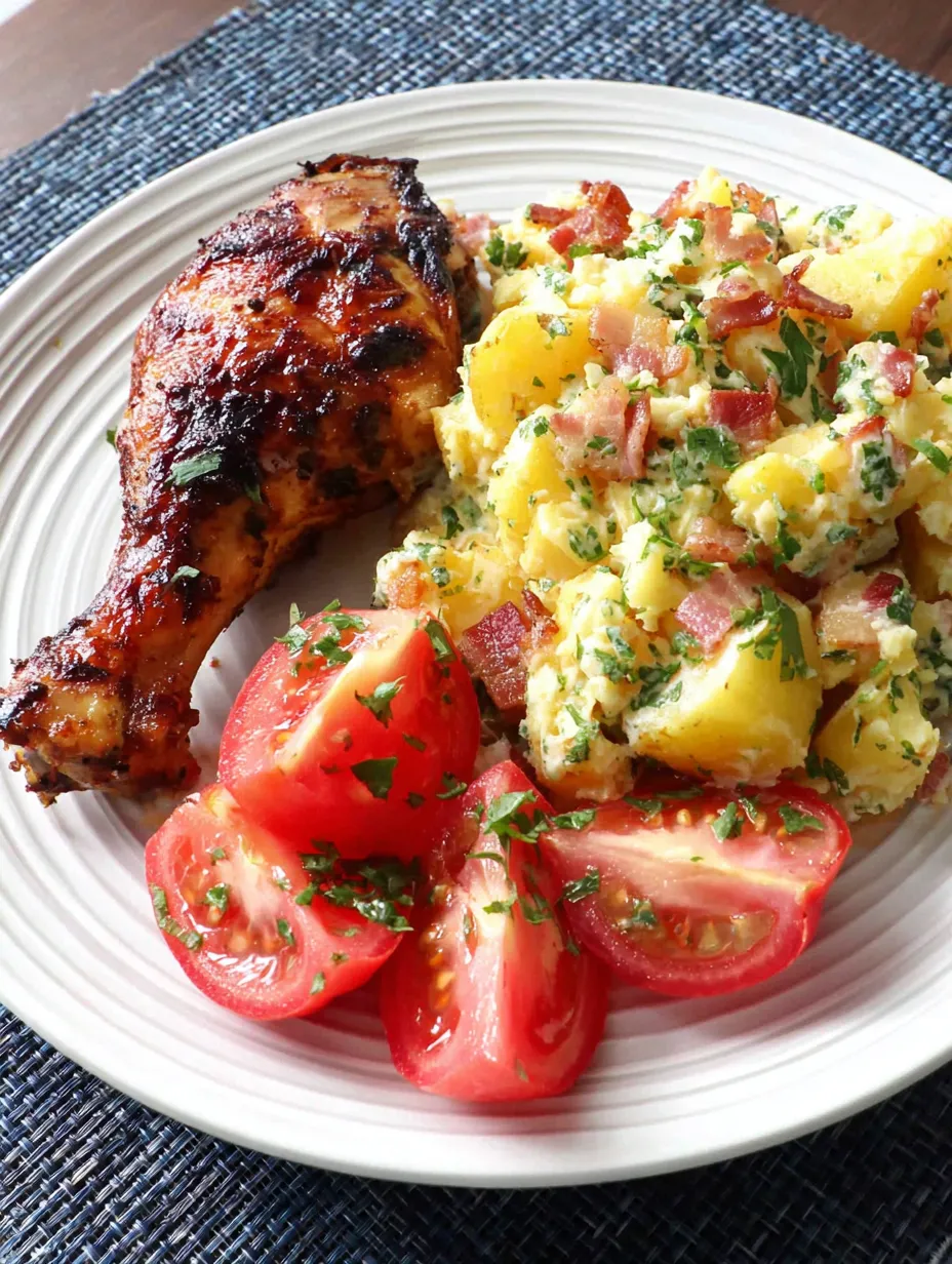 Ein weißer Teller mit gegrilltem Chicken und reifen Tomaten.