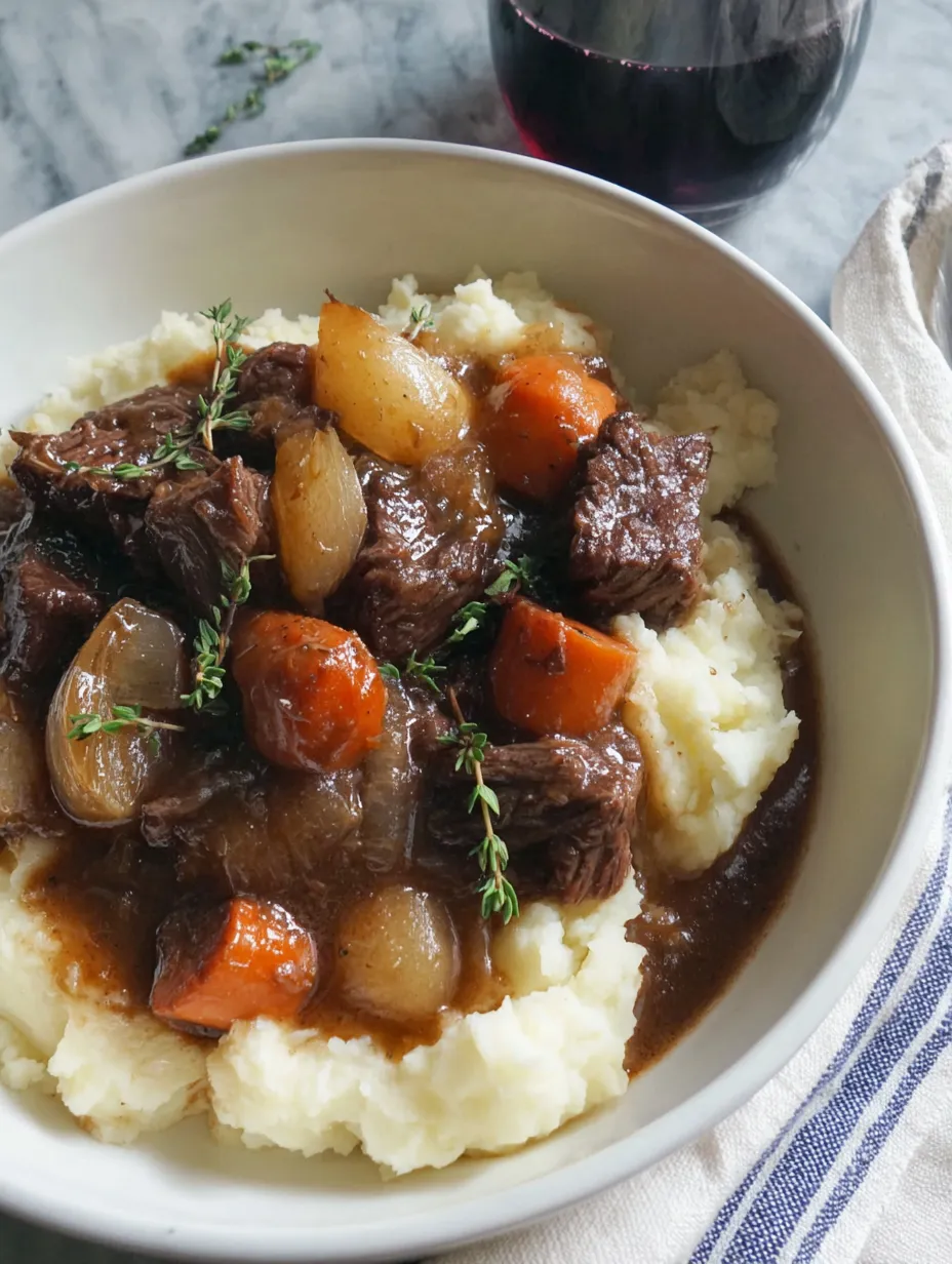 Ein weißer Teller mit Kartoffeln, Rindfleisch, Zwiebeln und Sauce.