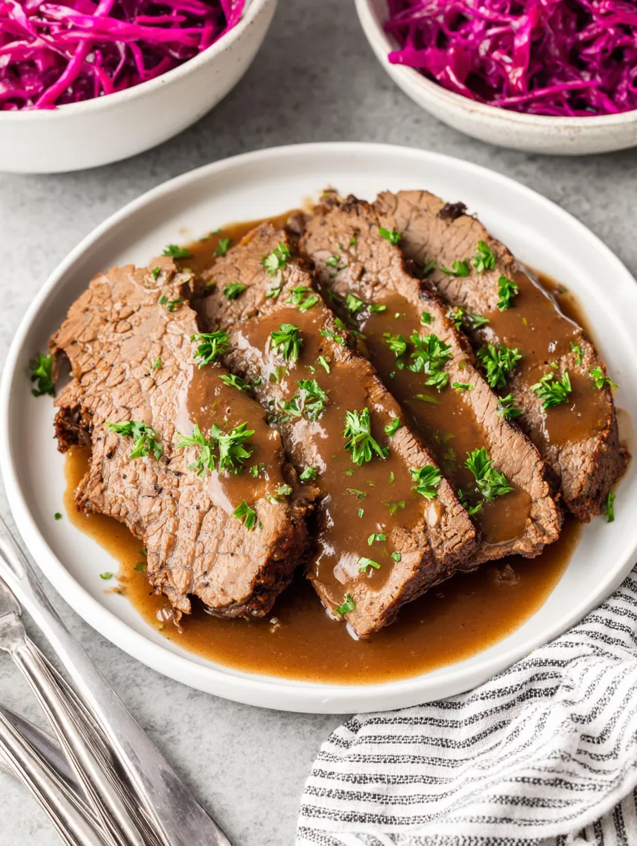 Ein weißer Teller mit brauner Sauce und grünen Zwiebeln darauf.
