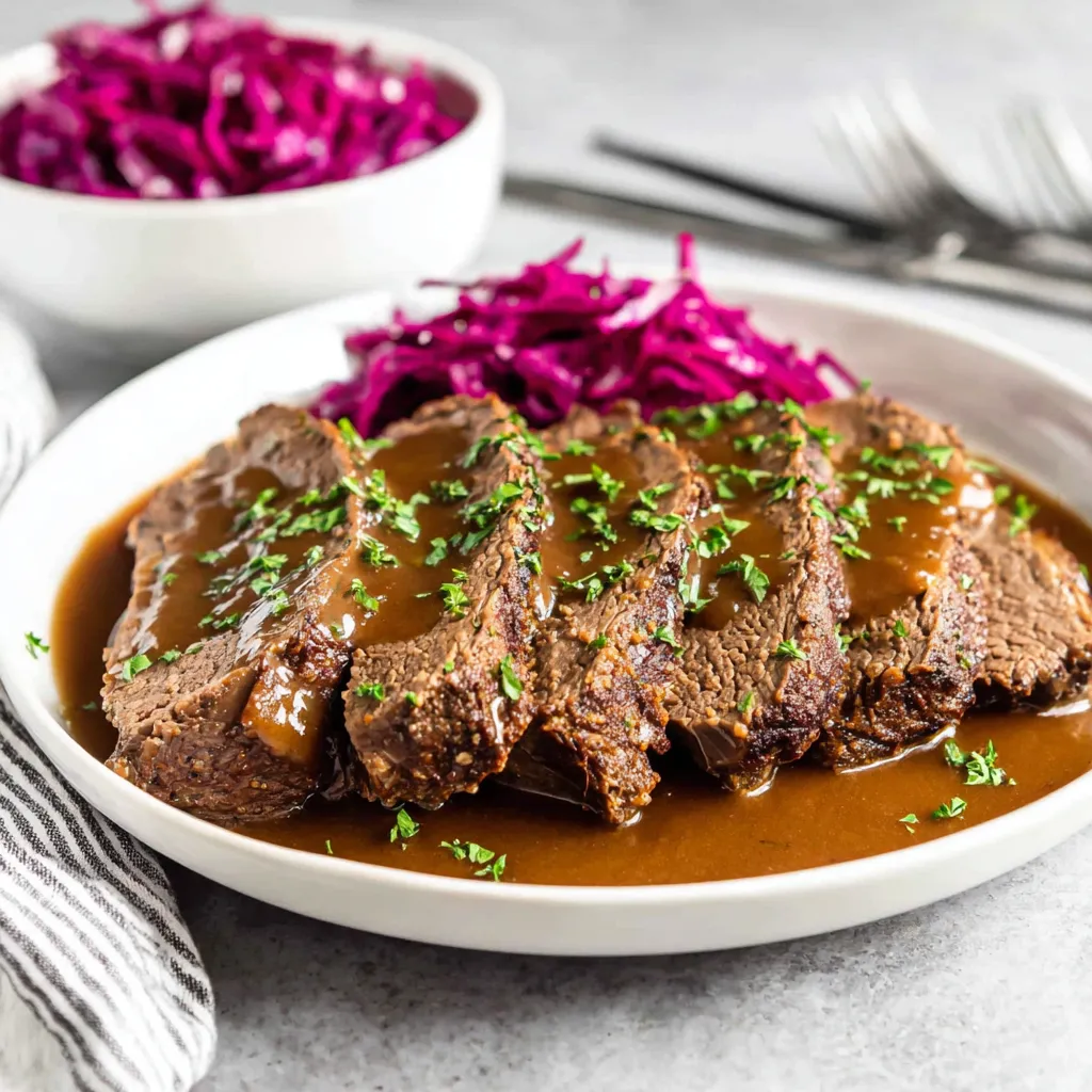 Ein weißer Teller mit brauner Sauce und grünen Zwiebeln, auf dem eine Portion von Steak mit Sauce und Zwiebeln serviert wird.