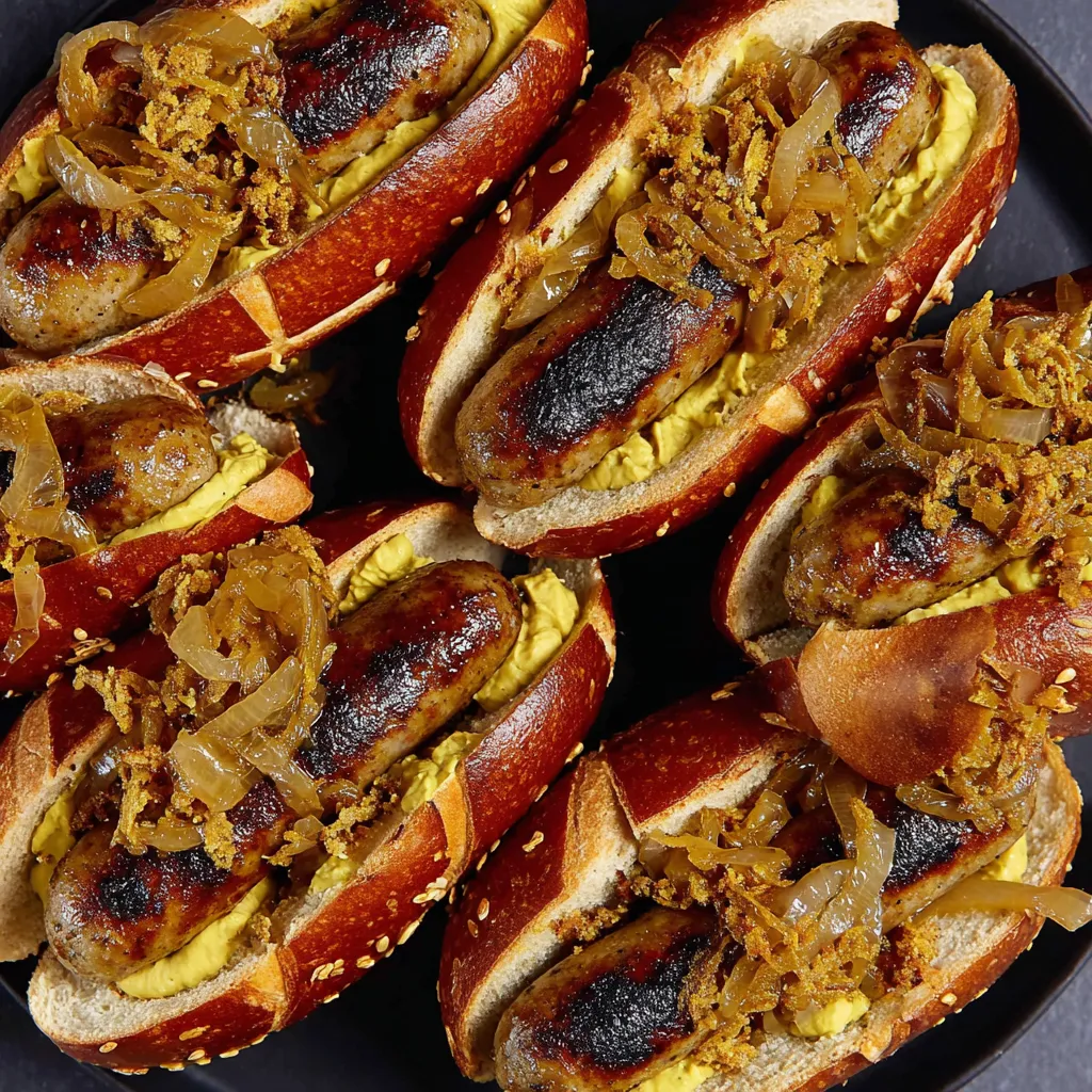 Eine Platte mit sechs Bratwurst in verschiedenen Größen und Zutaten.