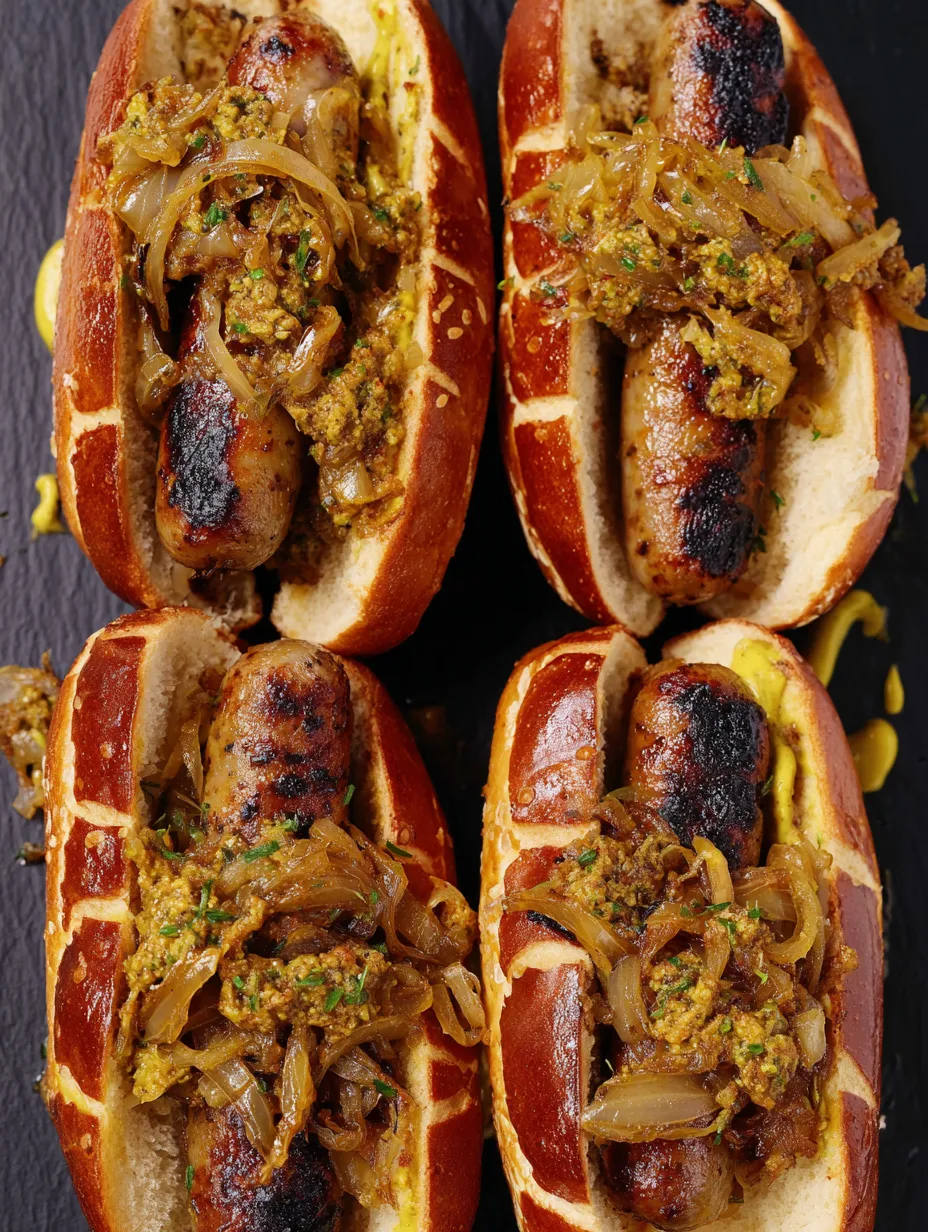Zwei Hotdogs mit Sauerkraut und Zwiebeln auf einem Tisch.