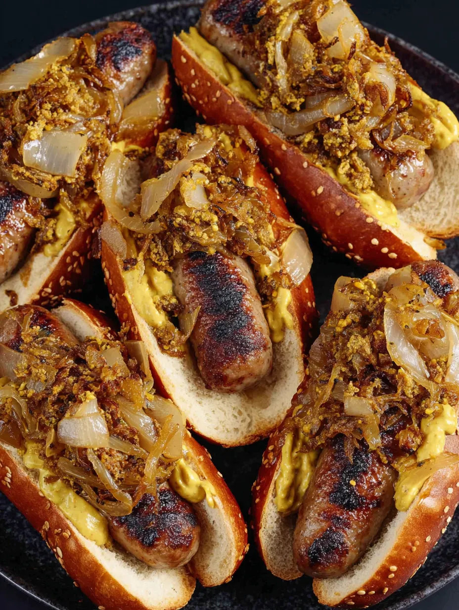 Zwei Bratwurst mit Sauerkraut und Senf auf einem Teller.