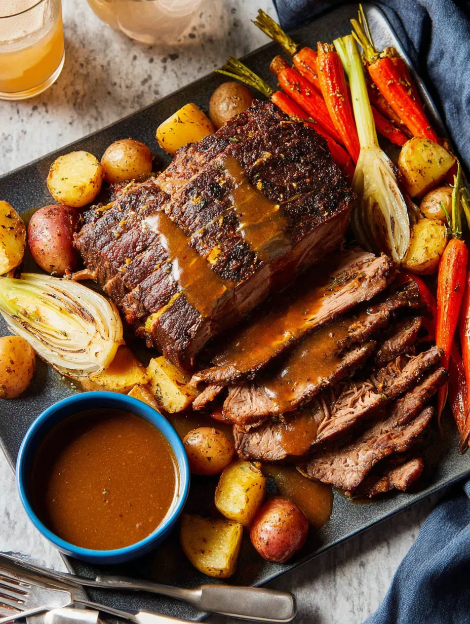 Ein Plate mit Steak, Kartoffeln, Karotten und Zwiebeln.