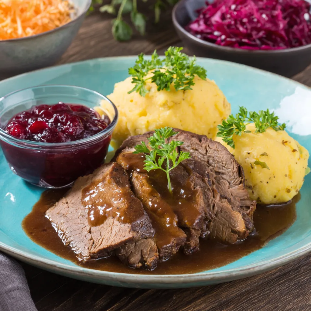 Ein Plate mit Steak, Kartoffeln und Sauce.