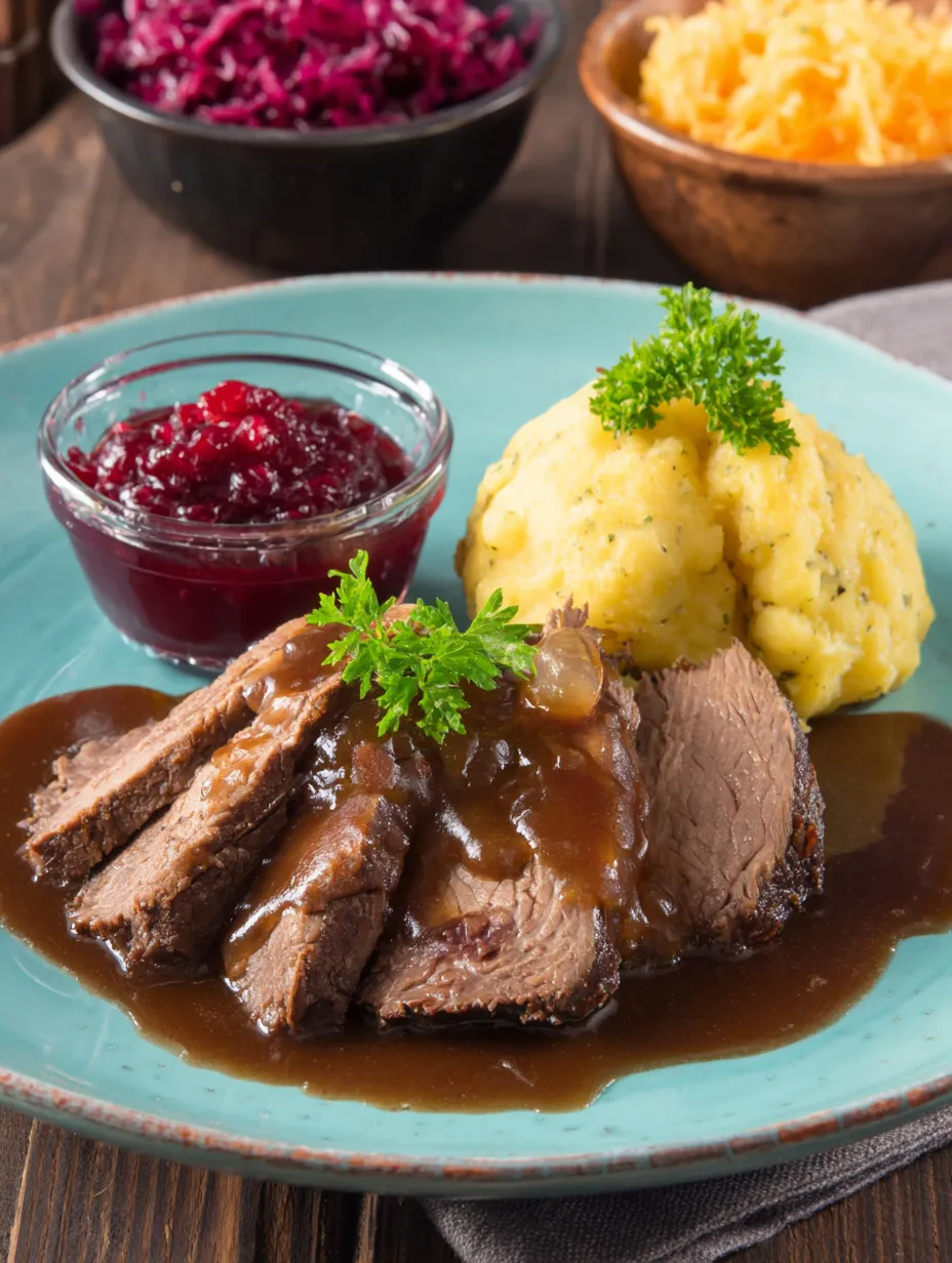 Ein Plate mit Steak, Kartoffeln, Sauce und Kranicheln.