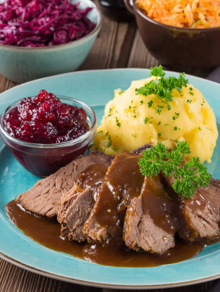 Ein Plate mit Steak, Kartoffeln, Sauce und Beeren.