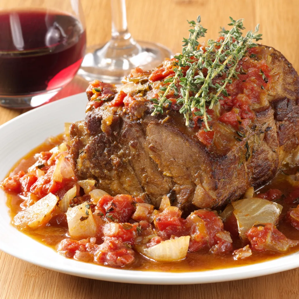 Ein Platter mit einer Wurst, die mit Zwiebeln und Tomaten garniert ist.