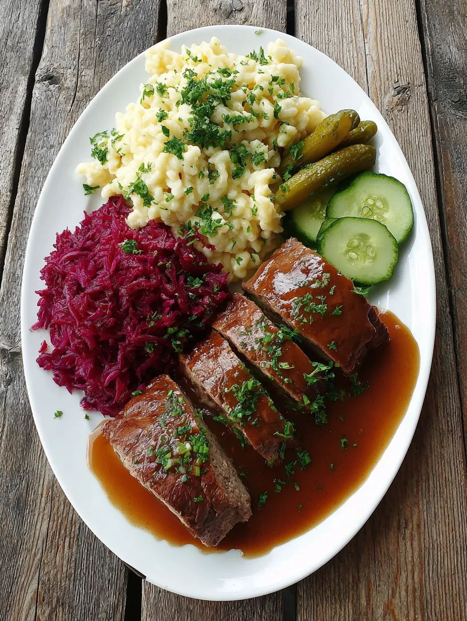 Ein weißer Teller mit gegrilltem Fleisch, macaroni, sauce, gurken, kartoffeln und sauerkraut.