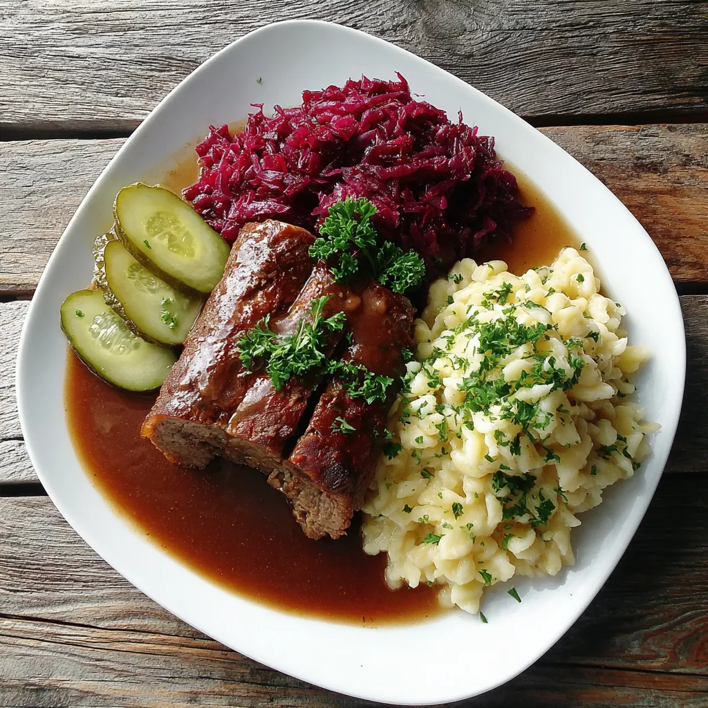 Ein weißer Teller mit einer Mischung aus Kartoffeln, Sauerkraut, Wurst und Zwiebeln.