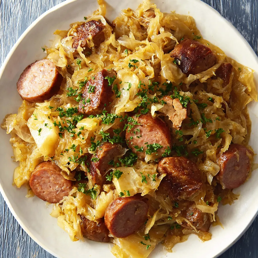 Ein weißer Teller mit einer Mischung aus Kartoffeln, Sauerkraut und Wurst.