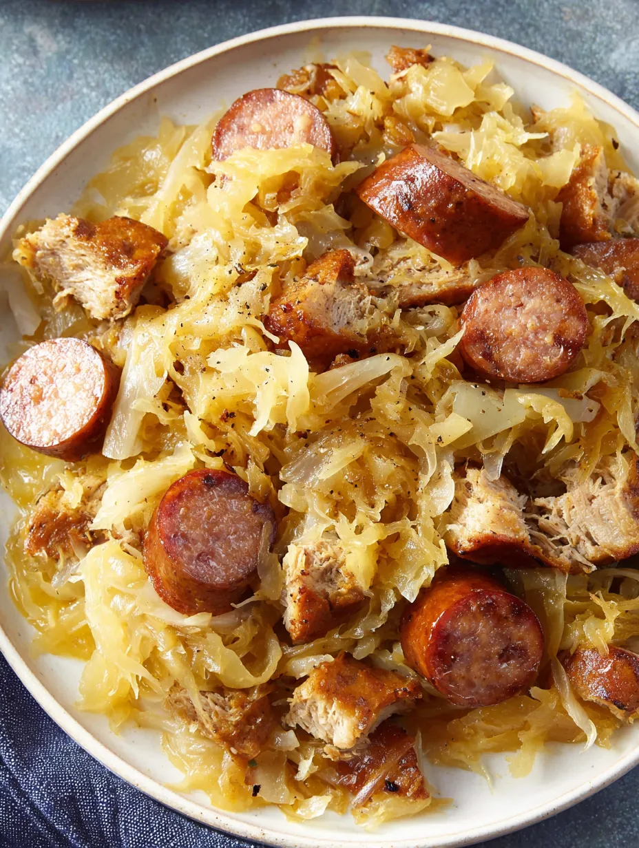 Ein weißer Teller mit einer Mischung aus Fleisch, Kartoffeln und Sauerkraut.