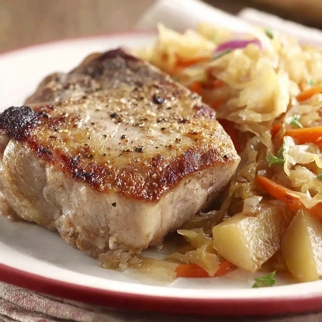 Ein Stück Fleisch auf einem weißen Teller, umgeben von einer Mischung aus Gemüse, darunter Karotten und Sauerkraut.