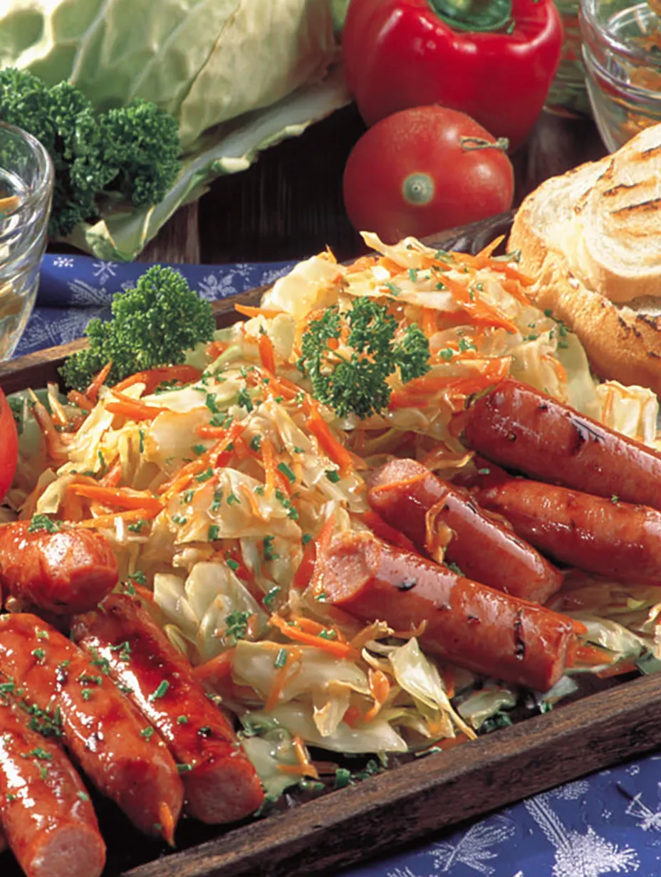 Eine gro&szlig;e Tischplatte mit einer Vielzahl von gegrillten W&uuml;rstchen und Gem&uuml;se.