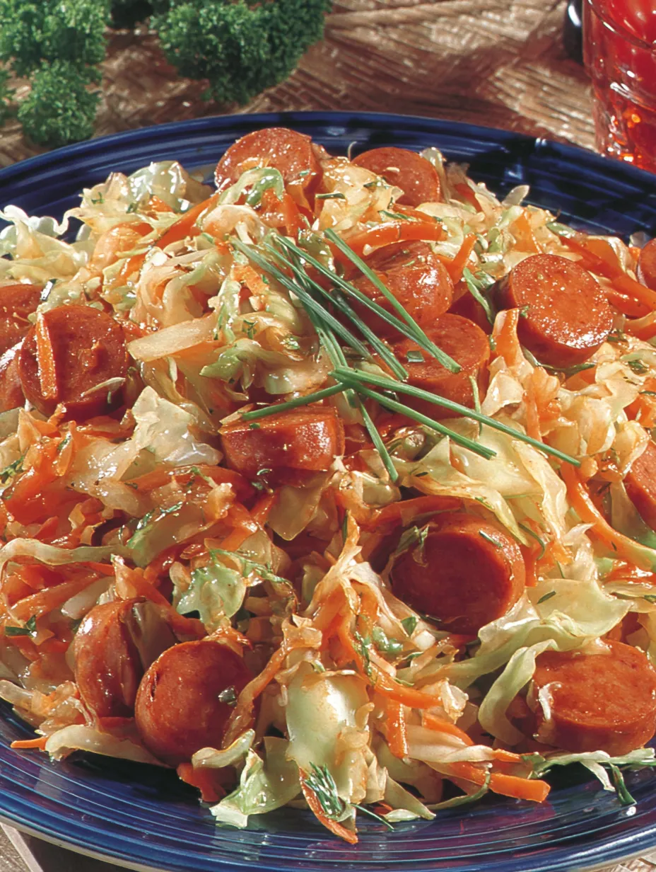 Ein Bild von einer Salatplatte mit gegrillten W&uuml;rstchen, Zwiebeln und Sauerkraut.