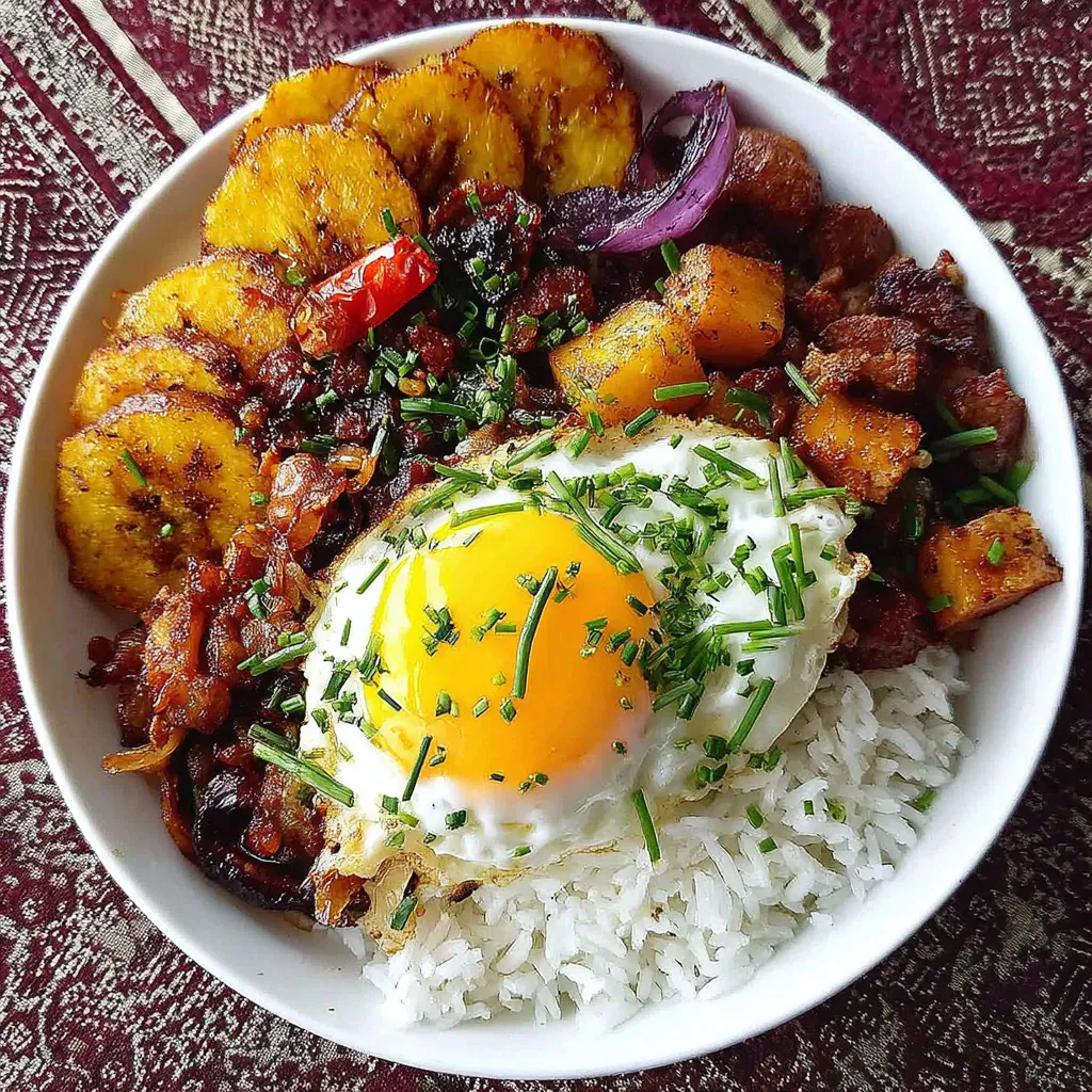 Ein weißer Teller mit einer Mischung aus Rice, Eiern, Bananen, Kartoffeln und Zwiebeln.