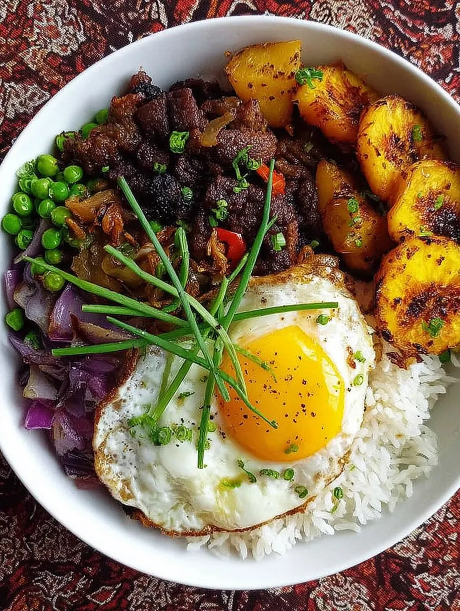 Ein wei&szlig;er Teller mit einer Mischung aus Rice, Egg, Peas, Onions, Beans und Bananas.