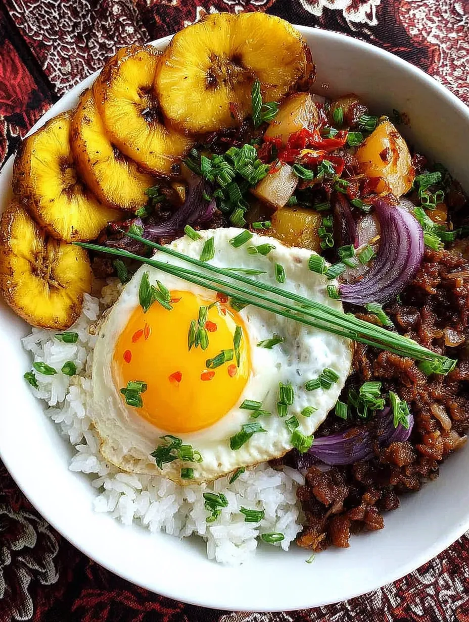 Ein wei&szlig;er Teller mit einer Mischung aus Reis, Eiern, Gem&uuml;se und Bananen.